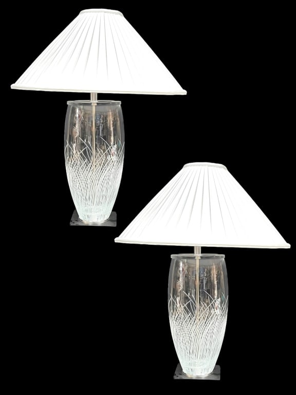 PAIR OF LAMPWORKS PRAIRIE GLASS LAMPS 27": PAIR OF LAMPWORKS PRAIRIE GLASS LAMPS -ETCHED GRASS DETAIL ON BLACK METAL BASE -27" HEIGHT EACH -GOOD PRE OWNED CONDITION -DP111822