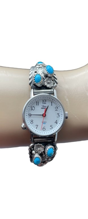 STERLING SILVER TURQUOISE WRIST WATCH: STERLING SILVER TURQUOISE WRIST WATCH -CONDITION: LIKE NEW -JH061824 Bidders may pick up their items from the auction-house or have their items shipped. Some items qualify for in-house shipping