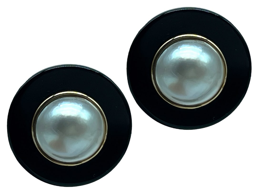 PAIR OF 14K GOLD MABE PEARL & ONYX EARRINGS (1 of 7)