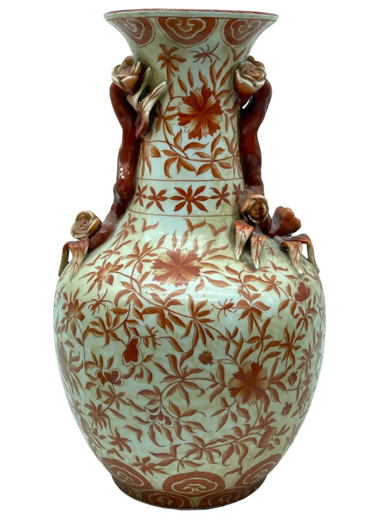 BOMBAY STYLE CINNAMON RED & WHITE HANDLED VASE 12" (1 of 6)