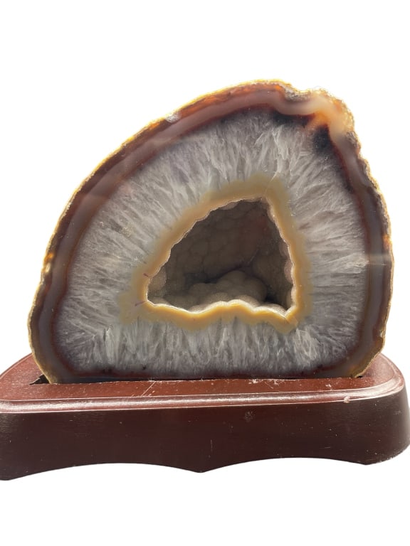 BROWN/WHITE AGATE CRYSTAL GEODE WITH WOOD BASE (1 of 5)