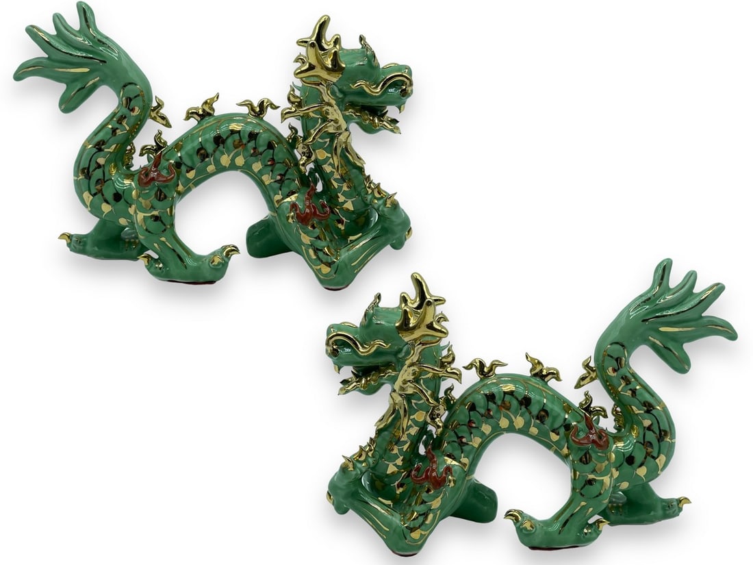 PAIR OF JADE GREEN & GOLD PORCELAIN DRAGONS 8" (1 of 8)