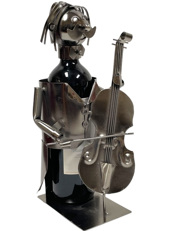 BASS MUSICIAN METAL WINR BOTTLE HOLDER: BASS JAZZ MUSICIAN METAL WINE BOTTLE HOLDER CHARACTER -VERY GOOD PRE OWNED CONDITION , HOLDER ONLY -DP72624 Bidders may pick up their items from the auction-house or have their items shipped. S
