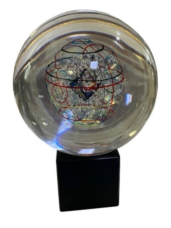 ARS MURANO ART GLASS SCULPTURE 9.5": ARS MURANO VENICE ART GLASS SCULPTURE -STAMPED ON BOTTOM -9.5" DIAMETER SPHER -5" CERAMIC CUBE BASE -VERY GOOD PRE OWNED CONDITION -DP82624 Bidders may pick up their items from the auction-hous