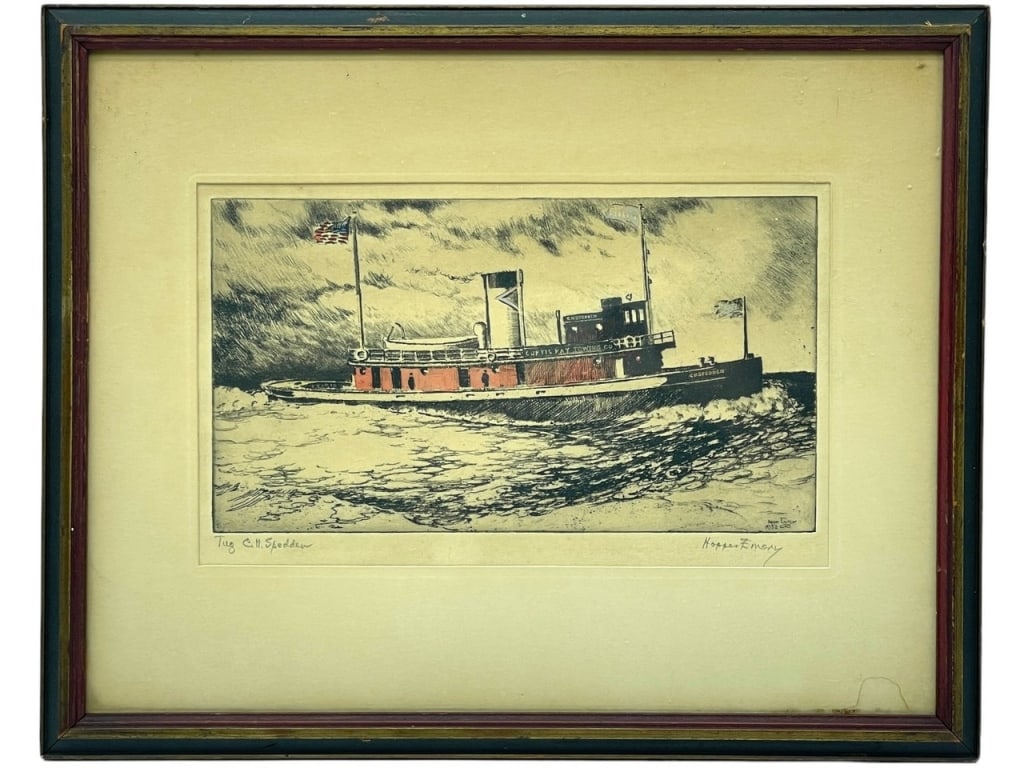 HOPPER EMORY COASTAL TUGBOAT ETCHING 15": HOPPER EMORY COASTAL TUGBOAT ETCHING -12" X 15" APPROX -VERY GOOD PRE OWNED CONDITION -DP82624 Bidders may pick up their items from the auction-house or have their items shipped. Some items qua