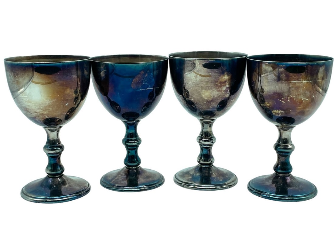 SET OF 4 WBS BLACKINTON SILVER GOBLET GLASSES: SET OF 4 WBS BLACKINTON SILVER GOBLET GLASSES -SILVER PLATE MATERIAL -GOOD PRE OWNED CONDITION, SEE PHOTOS, NEED POLISH -DP82724 Bidders may pick up their items from the auction-house or have t