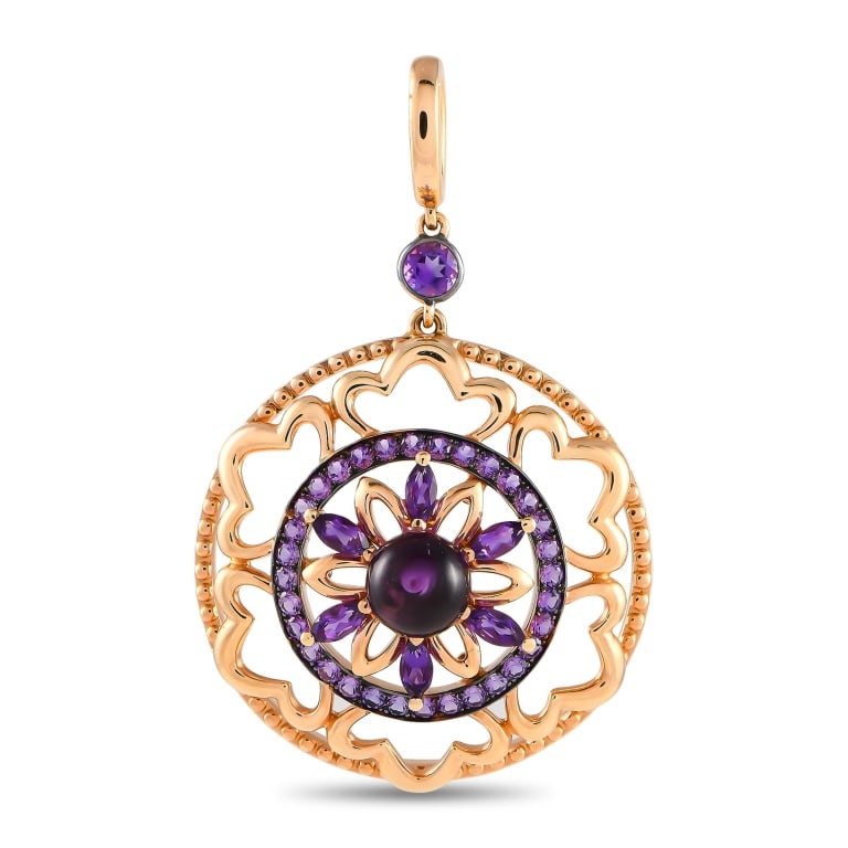 BUCHERER 18K ROSE GOLD 2.57CT AMETHYST PENDANT: Designed to look both daring and refined, this rose gold pendant by Bucherer offers a way to express your personality and style. The round pendant takes a geometric profile with a concentric pattern.