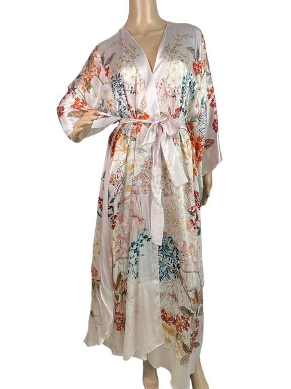 FLORAL MENG  FLORAL SILK SATIN KIMONO ROBE ONE SZ (1 of 8)