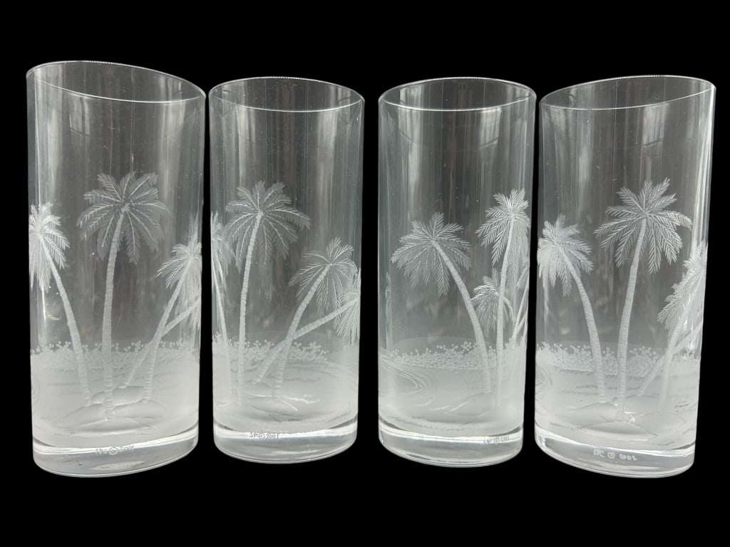 ETCHED CRYSTAL PALM TREE GLASS SET (4) (1 of 6)