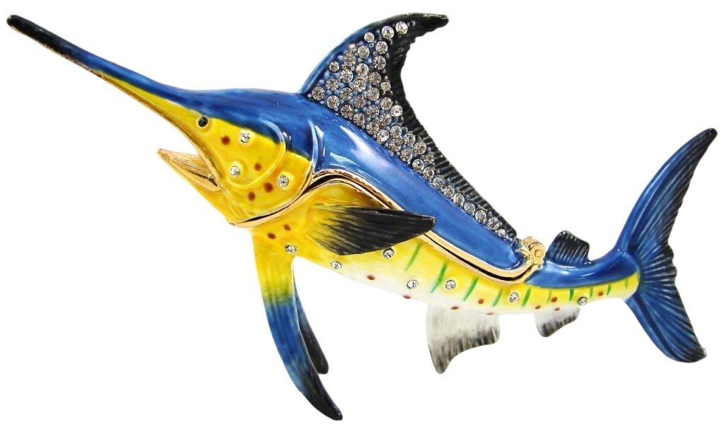 JAY STRONGWATER STYLE JEWELED MARLIN TRINKET BOX: JAY STRONGWATER STYLE JEWELED MARLIN TRINKET BOX -NEW IN BOX -5"L. Please note that due to limited storage space, all items must be picked up within 14 days of the auction's conclusion or they will be