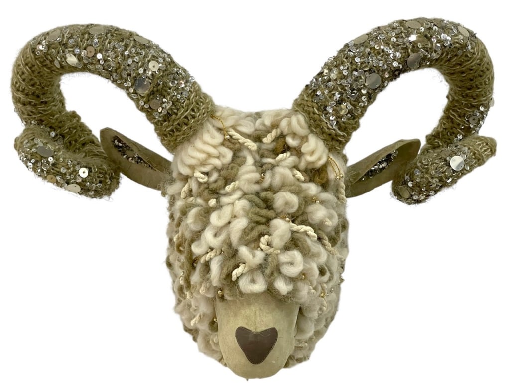 ANTHROPOLOGIE FESTIVE KNIT RAM BUST 27": ANTHROPOLOGIE FESTIVE WINTER DREAM KNIT RAM BUST -24" X 27" X 14" APPROX -VERY GOOD PRE OWNED CONDITION -DP91724. Please note that due to limited storage space, all items must be picked up within 14 d