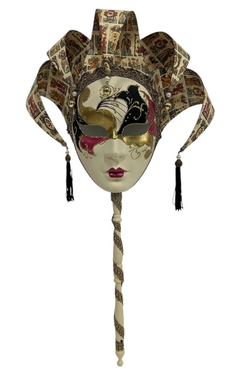 VENETIAN STYLE CARNIVAL MASK WITH BELLS: VENETIAN STYLE CARNIVAL MASK 20"L VERY GOOD PREOWNED CONDITION KK 917 #14 Please note that due to limited storage space, all items must be picked up within 14 days of the auction's conclusion or they 