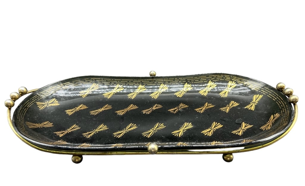 MID MOD BLACK SMOKED GLASS & GOLD DISH (1 of 5)