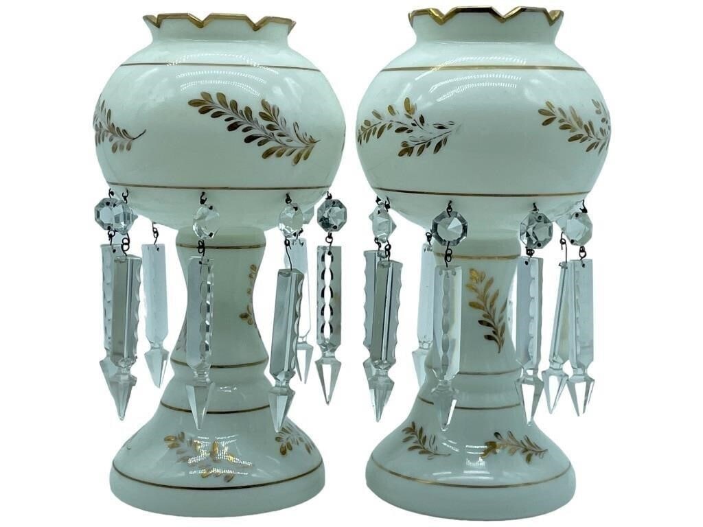 MILK GLASS MANTLE LUSTERS WITH GOLD ACCENTS 11": MILK GLASS MANTLE LUSTERS WITH GOLD ACCENTS & SPEAR CUT CRYSTAL PRISMS -VERY GOOD CONDITION -SIZE: 5" X 11"H -JR //DPRL91824