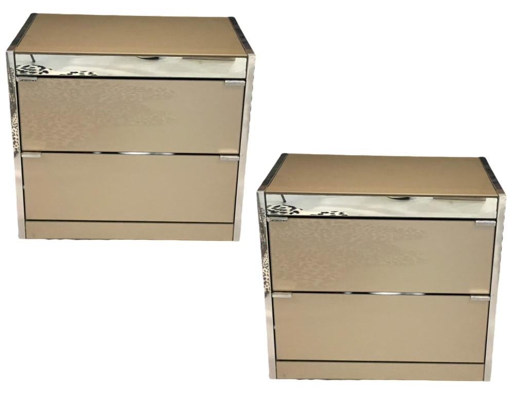 PAIR OF ELLO NIGHT STAND DRESSERS 26": PAIR OF ELLO NIGHT STAND DRESSERS -23" X 26" X 18" APPROX EACH -GLASS MIRROR AND NICKEL STYLE COLOR -VERY GOOD PRE OWNED CONDITON MINOR WEAR -DP81324 Please note that due to limited storage space, all