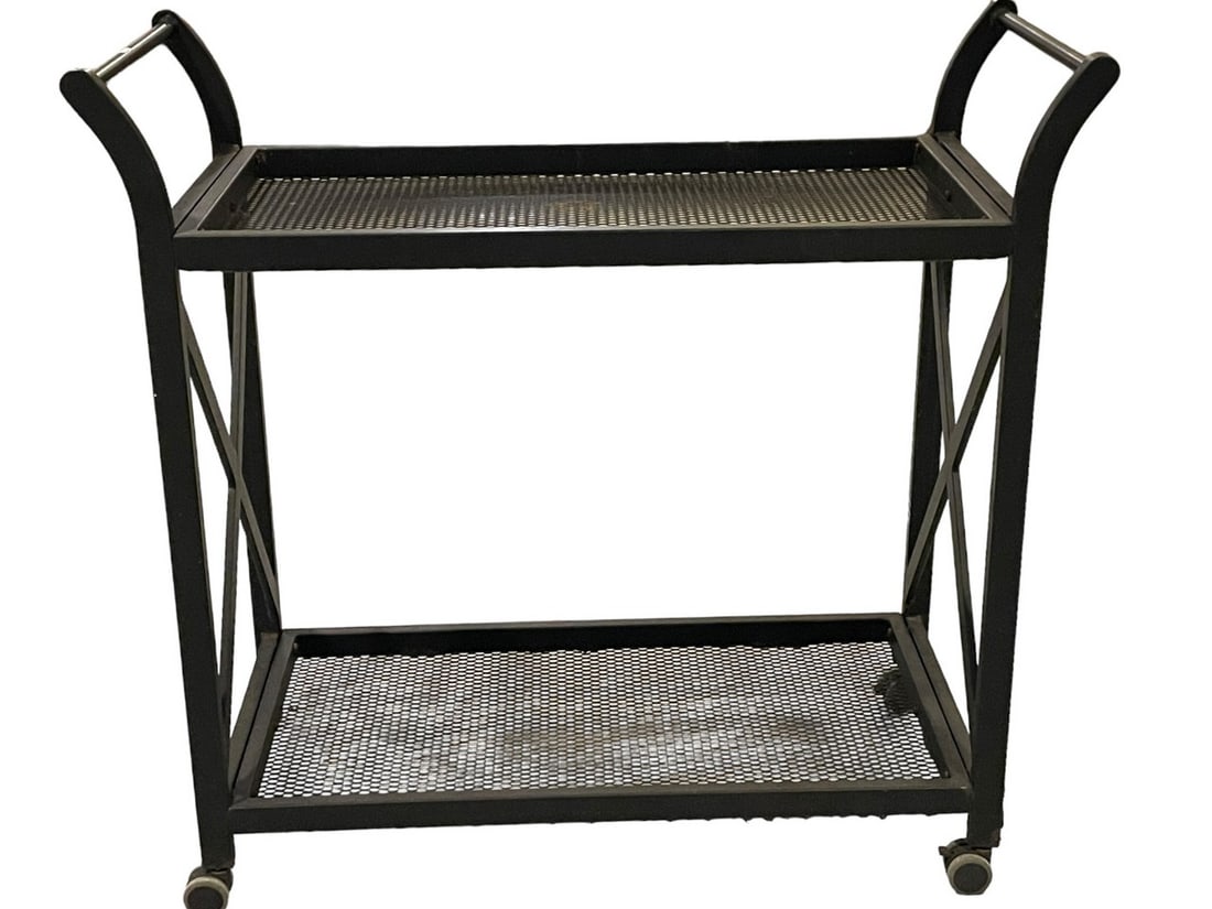 EBONIZED STEEL SLAT ROLLING BAR CART 40": EBONIZED STEEL SLAT ROLLING BAR CART -37" X 40" X 17" APPROX -VERY GOOD PRE OWNED CONDITION -DP8224 Please note that due to limited storage space, all items must be picked up within 14 days of the auc
