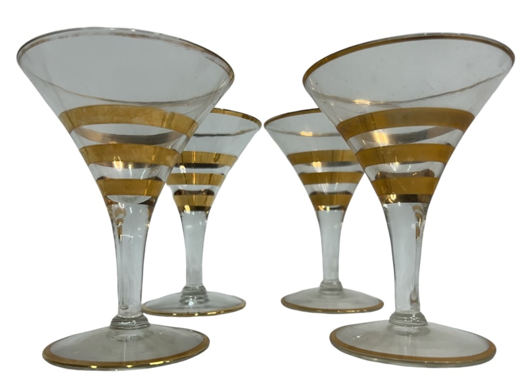 GOLD RINGS EMPIRE COCKTAIL GLASSES (4): GOLD RINGS EMPIRE COCKTAIL GLASSES SET OF (4) 4.5" H APPROX VERY GOOD PREOWNED CONDITION KK 923 #13 Please note that due to limited storage space, all items must be picked up within 14 days of the auc