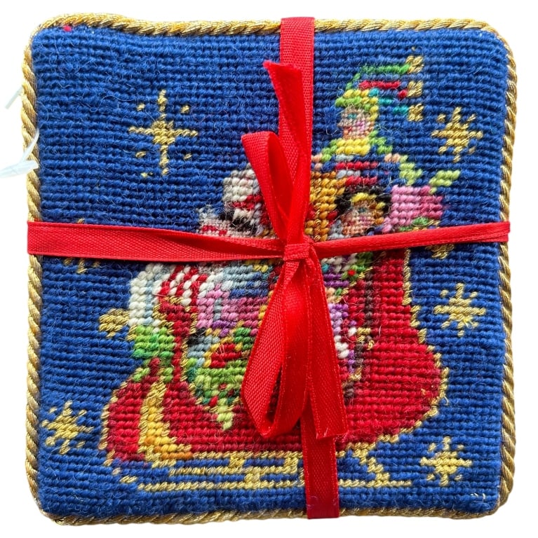 NEW CHRISTOPHER RADCOE COASTER SET (4): NEW NEEDLEPOINT SANTA SLEIGH COASTER SET (4) 4" DIAMETER APPROX VERY GOOD PREOWNED CONDITION/NEW KK 923 #12 Please note that due to limited storage space, all items must be picked up within 14 days of