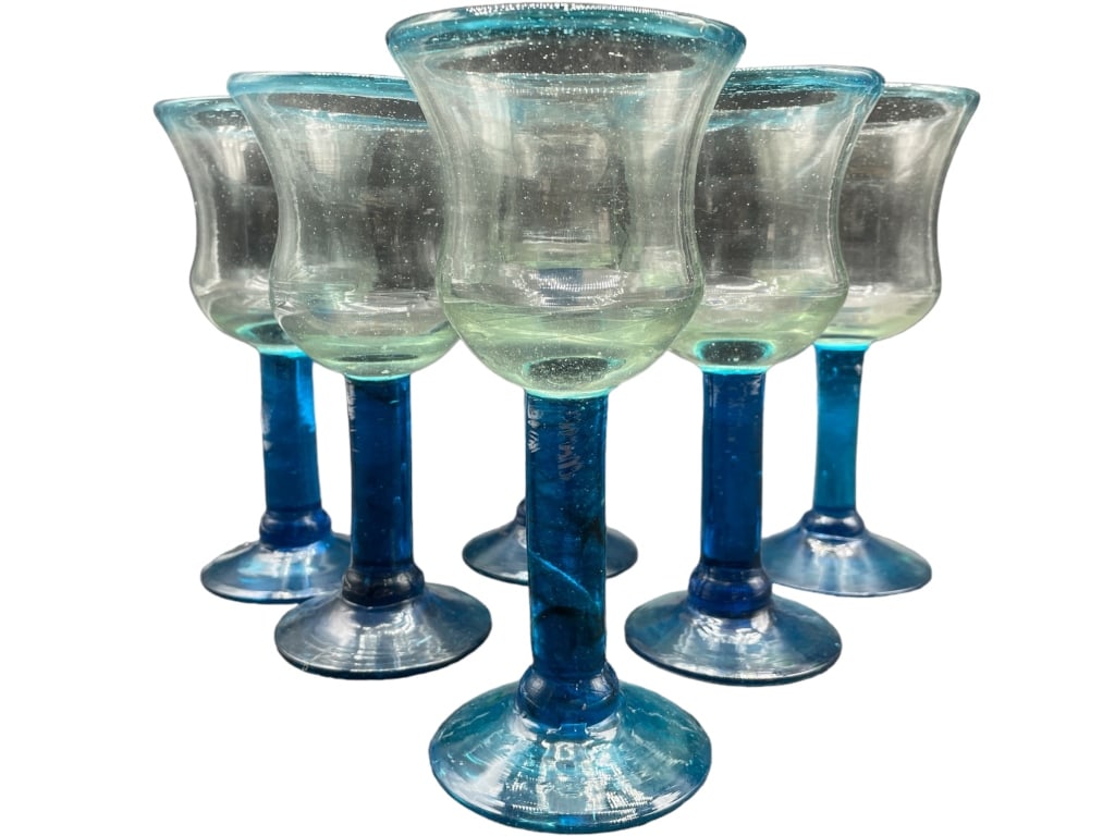 SET OF 6 BLUE GLASS WINE GLASSES 8": SET OF 6 BLUE GLASS WINE GLASSES 8" VERY GOOD PRE-OWNED SIZE: 8" DM92324