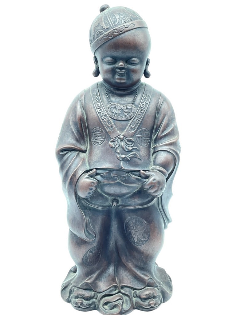 PATINATED CERAMIC CHINESE TONGZI BOY STATUE 15" (1 of 8)