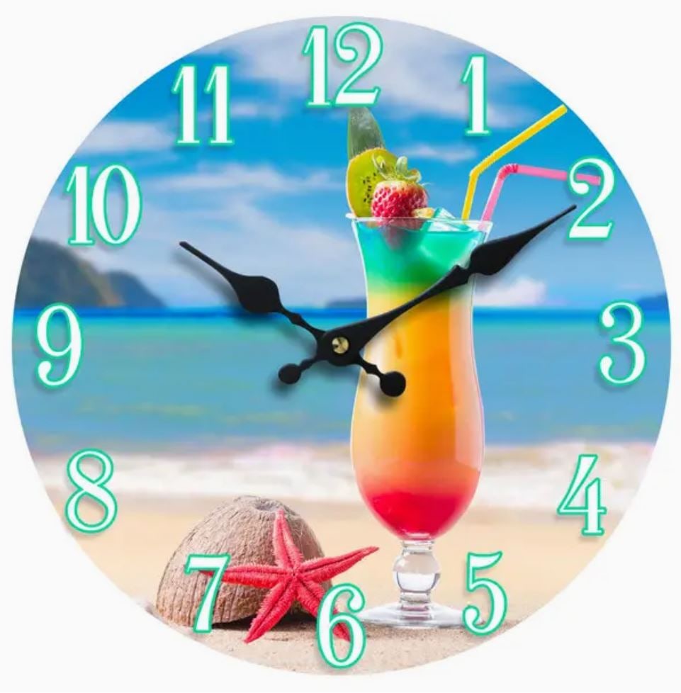 COASTAL BEACH DRINK GLASS CLOCK 13" (1 of 2)