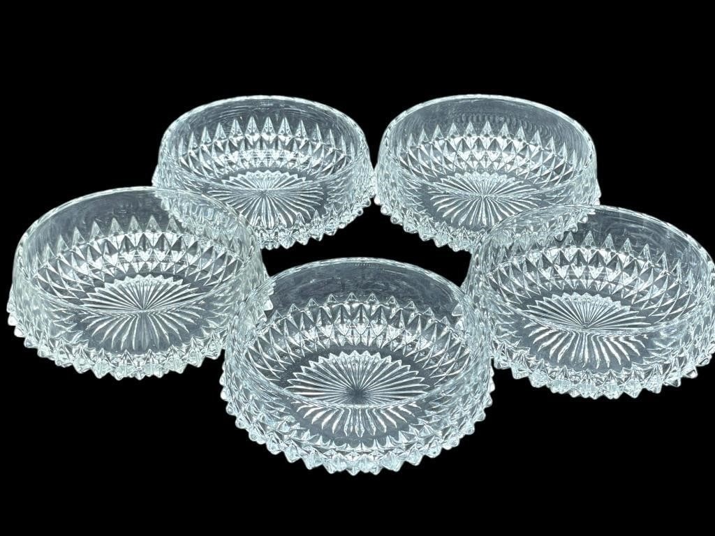 SET OF 5 WATERFORD STYLE WINE BOTTLE COASTERS: SET OF 5 WATERFORD STYLE CRYSTAL GLASS WINE BOTTLE COASTERS -VERY GOOD PRE OWNED CONDITION -DP71024ST