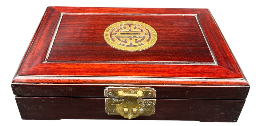 CHINESE ROSEWOOD JEWELRY BOX LONGEVITY SYMBOL 12" (1 of 6)