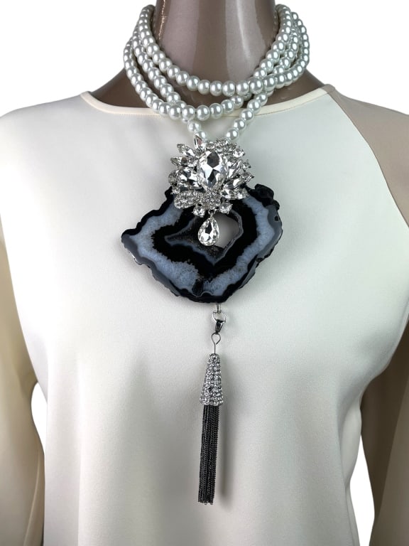 VINTAGE PEARL AGATE RHINESTONE STMT NECKLACE (1 of 4)