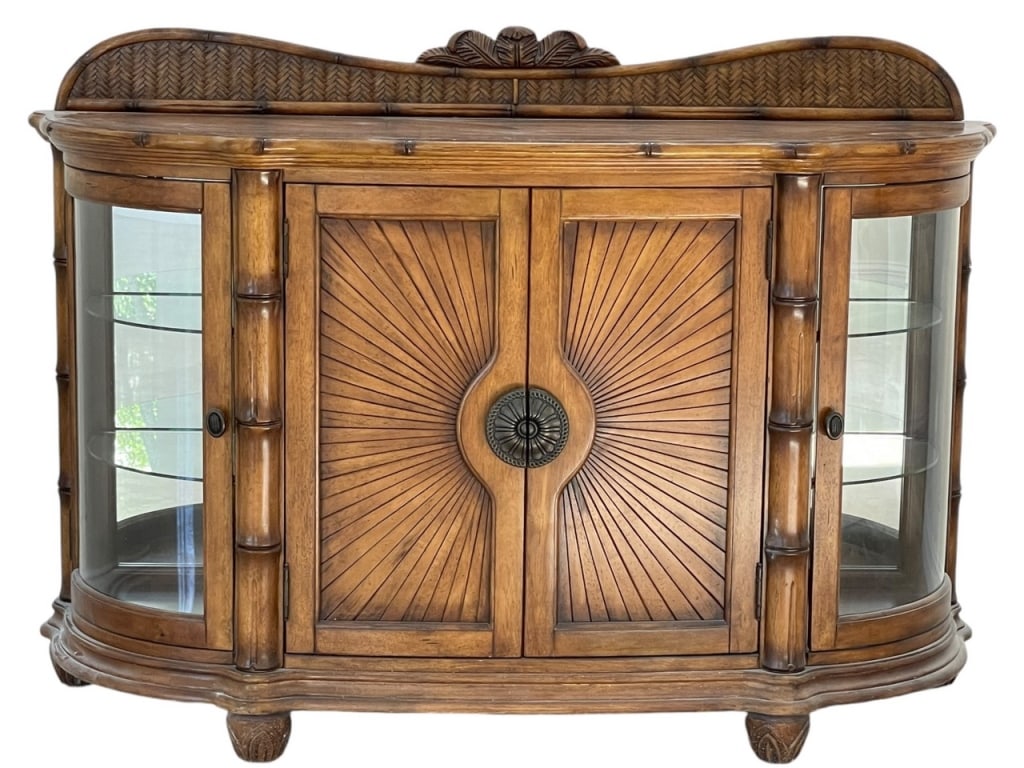 SCHNADIG PORTOFINO COASTAL WOOD CREDENZA CABINET: CREDENZA BY SCHNADIG FURNITURE PORTOFINO LINE TROPICAL COASTAL STYLE WOOD AND GLASS -46" X 59" X 22" APPROX -GOOD PRE OWNED CONDITION, MINOR WEAR TO TOP -DP92324