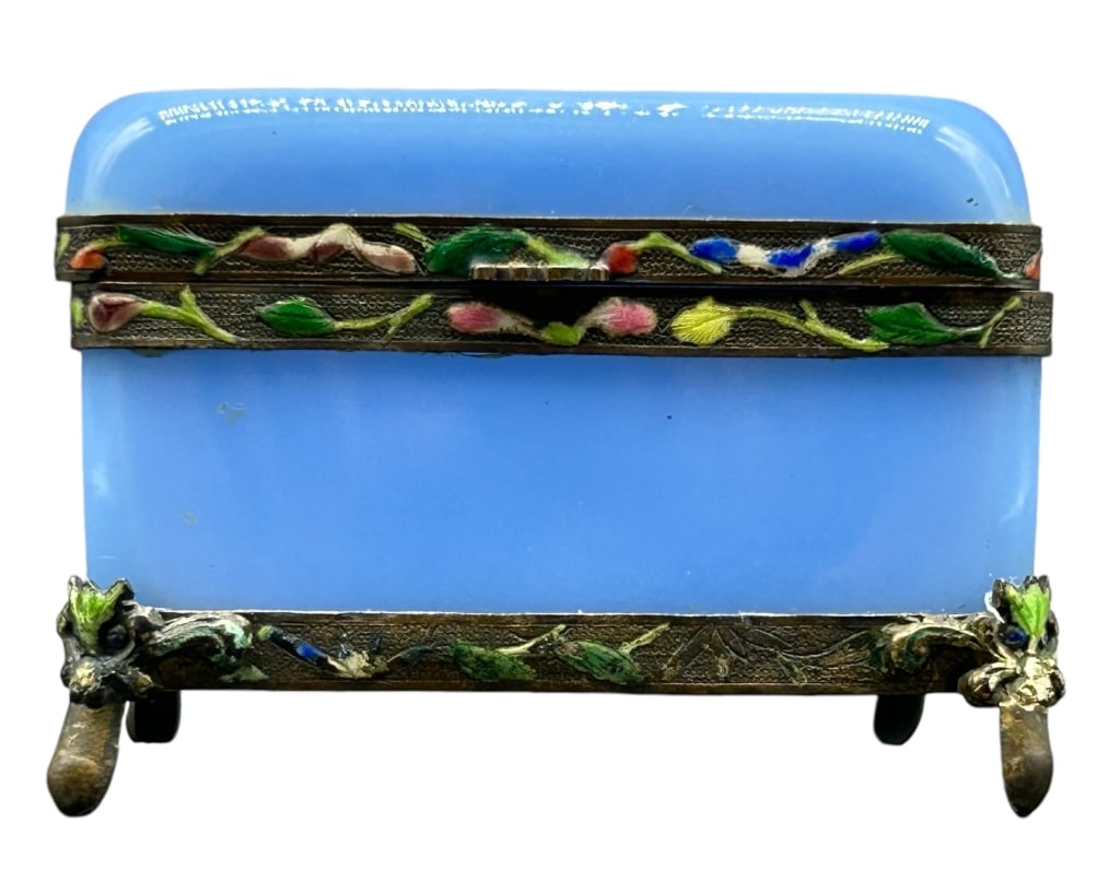 BLUE OPALINE GLASS CASKET JEWELRY TRINKET BOX: BLUE OPALINE GLASS CASKET JEWELRY TRINKET BOX 3.5" L APPROX VERY GOOD PREOWNED CONDITION KK 927 #10