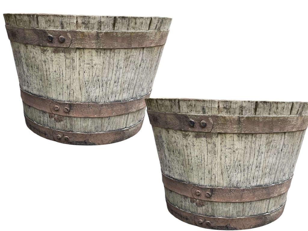 PAIR OF OUTDOOR GARDEN BARREL PLANTERS (1 of 6)