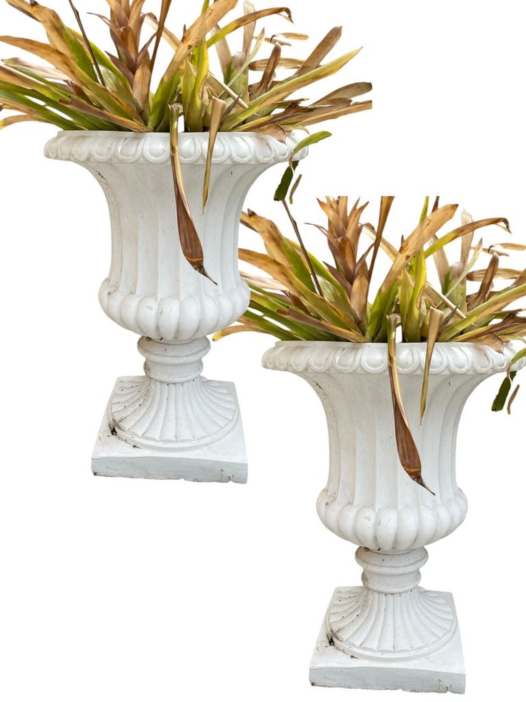 PAIR OF TRADITIONAL URN PLANTERS W PLANTS 24": PAIR OF TRADITIONAL URN PLANTERS-24" X 18" D APPROX EACH-COMPOSITE MATERIAL-VERY GOOD PRE OWNED CONDITION LIGHT WEAR WITH PLANTS-DP92724 -DP92724