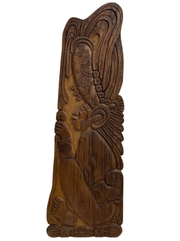 RELIEF CARVING WOODEN PLANK WALL HANGING: RELIEF CARVING WOODEN PLANK WALL HANGING -SIZE H 25" X W 8" -VERY GOOD PRE OWNED -DM92724 #FT