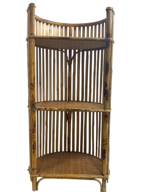 BAMBOO RATTAN ROUNDED SHELF UNIT: BAMBOO RATTAN ROUNDED SHELF UNIT -SIZE H 30" X W 15" X D 12" -VERY GOOD PRE OWNED -DM92724 #FT