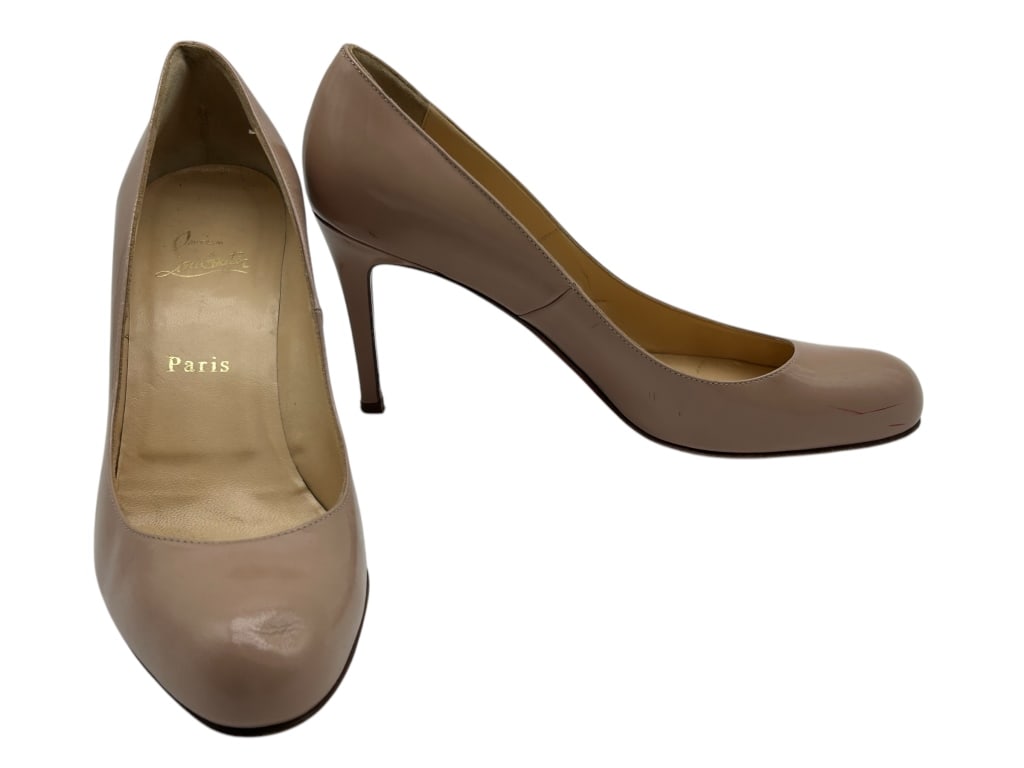 CHRISTIAN LOUBOUTIN PATENT SIMPLE NUDE PUMPS 39.5: -CHRISTIAN LOUBOUTIN PATENT SIMPLE NUDE PUMPS -SIZE 39.5 - HEEL 3.5" -VERY GOOD PREOWNED CONDITION -KK 106 #CASE