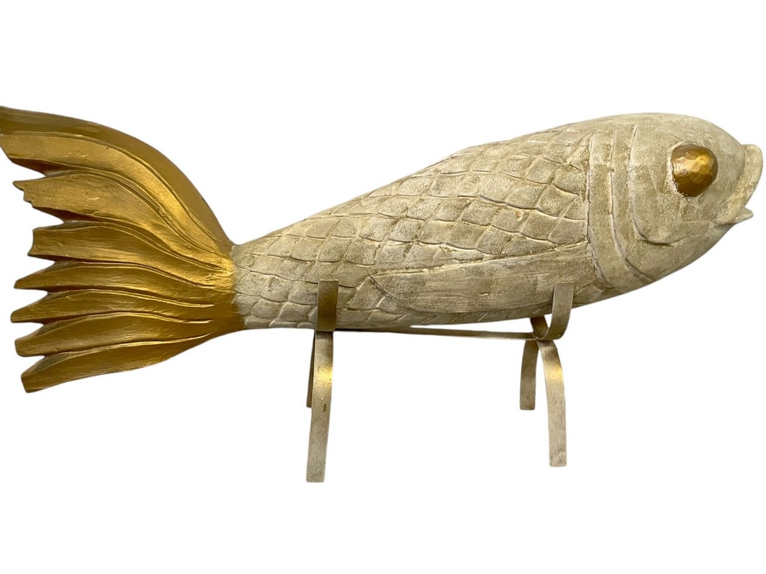 DECORATIVE KOI FISH WOOD SCULPTURE ON STAND (1 of 4)