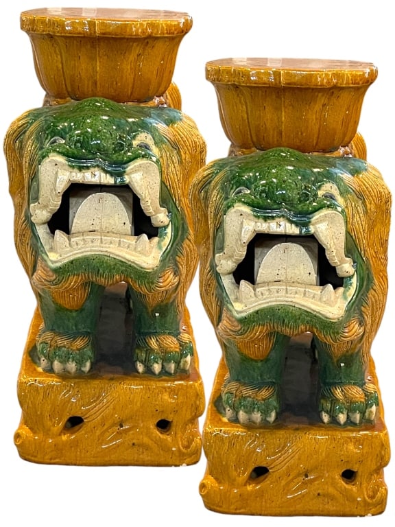 PAIR ITALIAN CERAMIC FOO DOG GARDEN SEATS (1 of 9)