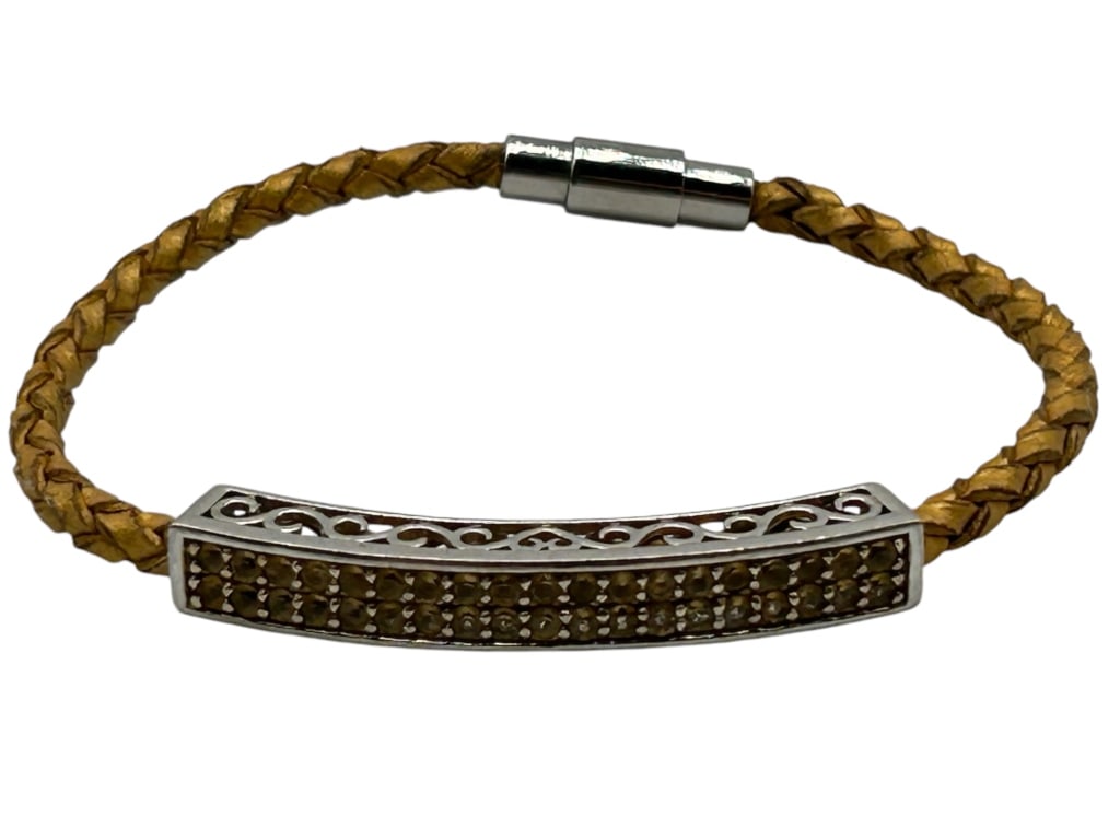 VINTAGE BRAIDED LEATHER & JEWEL BANGLE BRACELET (1 of 5)