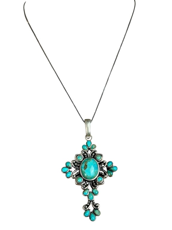 VINTAGE STERLING SILVER & TURQUOISE CROSS NECKLACE (1 of 5)