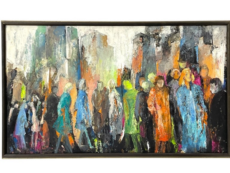 E. DEMBY CITYSCAPE W FIGURES PAINTING 35" (1 of 5)