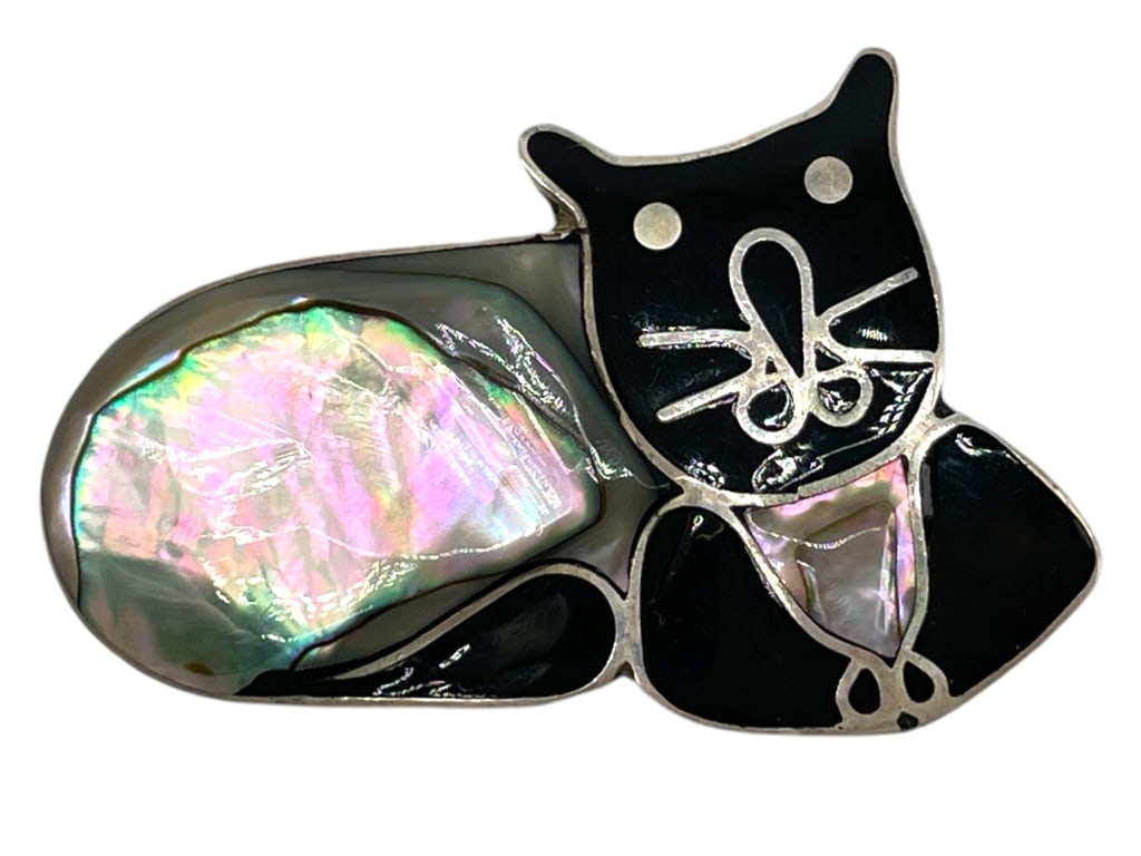 VINTAGE STERLING SILVER AND ABALONE CAT BROOCH (1 of 4)