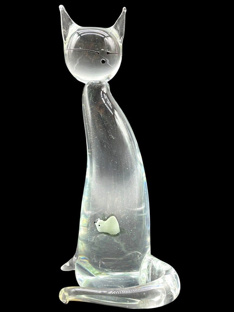 VINTAGE CRYSTAL ART GLASS CAT W MOUSE IN BELLY 10": VINTAGE MURANO STYLE CRYSTAL ART GLASS KITTY CAT W MOUSE IN BELLY | COLLECTIBLE ART GLASS SCULPTURES -10" HEIGHT APPROX -VERY GOOD PRE OWNED CONDITION -DP103024 #12 ***Please note that due to limited 