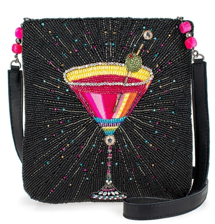 NEW MARY FRANCES UP & UP CROSSBODY HANDBAG: NEW MARY FRANCES UP & UP CROSSBODY HANDBAG -CARRY THE PARTY WITH YOU WITH THIS VIBRANT BEADED CROSSBODY HANDBAG! BURSTING WITH SPARKLING GEMS AND AN EMBROIDERED HOT PINK MARTINI GLASS, THIS HANDBAG IS