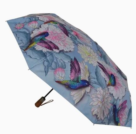 NEW! ANUSCHKA FLORAL BIRDS PRINTED UMBRELLA: NEW! ANUSCHKA BLUE AND PINK FLORAL BIRDS PRINTED UMBRELLA -NEW! -AUTO OPEN/CLOSE -DIAMETER 38" -WOODEN HANDLE -JA 103024 ***Please note that due to limited storage space, all items must be picked up w