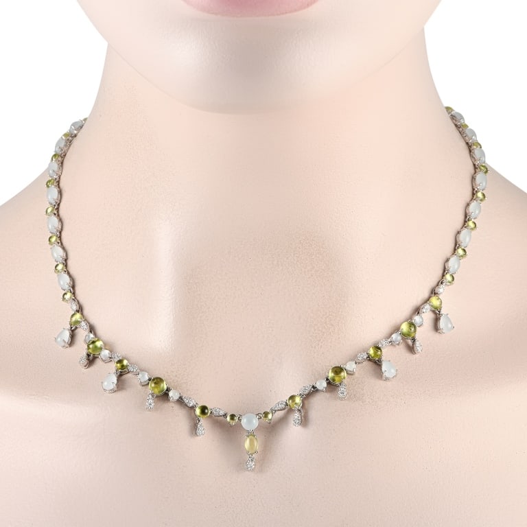 Bucherer 18K Gold 0.55ct Diamond, Aquamarine: Bucherer 18K White Gold 0.55ct Diamond, Aquamarine and Peridot Necklace BU15-071224 -New -25 grams -309114