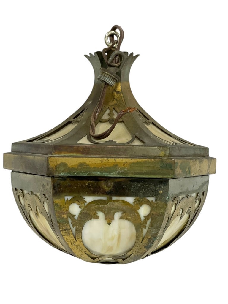 ARTS & CRAFTS SLAG GLASS & BRASS PENDANT LIGHT 12" (1 of 8)