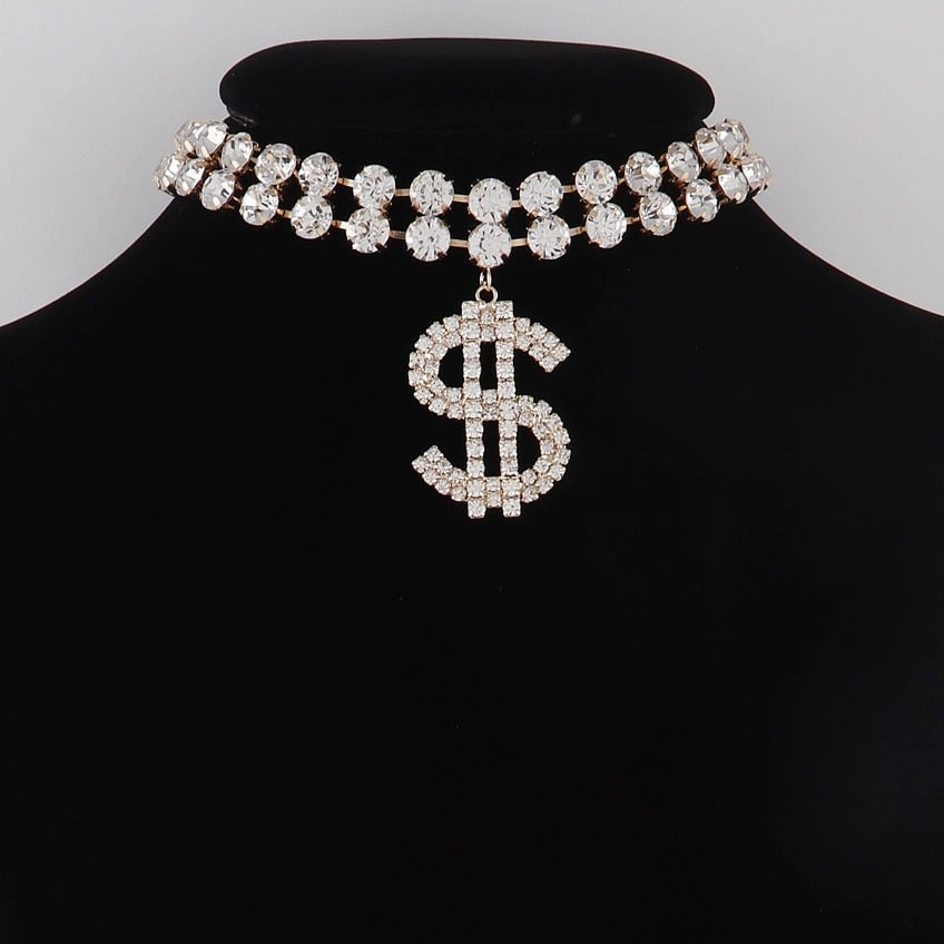NEW! DOLLAR SIGN CHOKER NECKLACE & EARRINGS: NEW! DOLLAR SIGN CHOKER NECKLACE WITH MATCHING PIERCED EARRINGS 14" APPROX. -NEW UNUSED CONDITION -DP11624 ***Please note that due to limited storage space, all items must be picked up within 14 days 