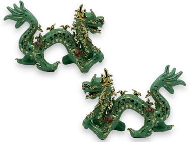 PAIR OF JADE GREEN & GOLD PORCELAIN DRAGONS