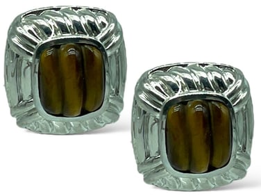 JUDITH RIPKA STERLING & TIGER EYE CLIP EARRINGS