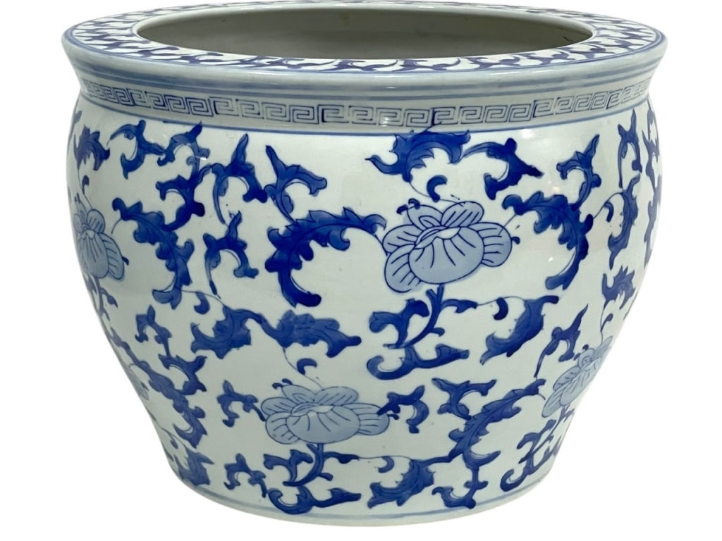 ASIAN STYLE BLUE & WHITE FISH BOWL PLANTER 12": ASIAN STYLE BLUE & WHITE FISH BOWL PLANTER -9" H X 12" D APPROX -VERY GOOD PRE OWNED CONDITION -DP111224